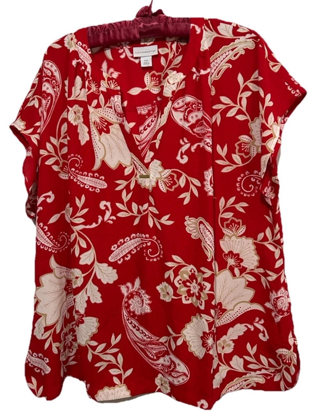 Liz Claiborne Top XXL Red Silky Boho Floral Hippie Cottagecore Shirt Blouse 2XL